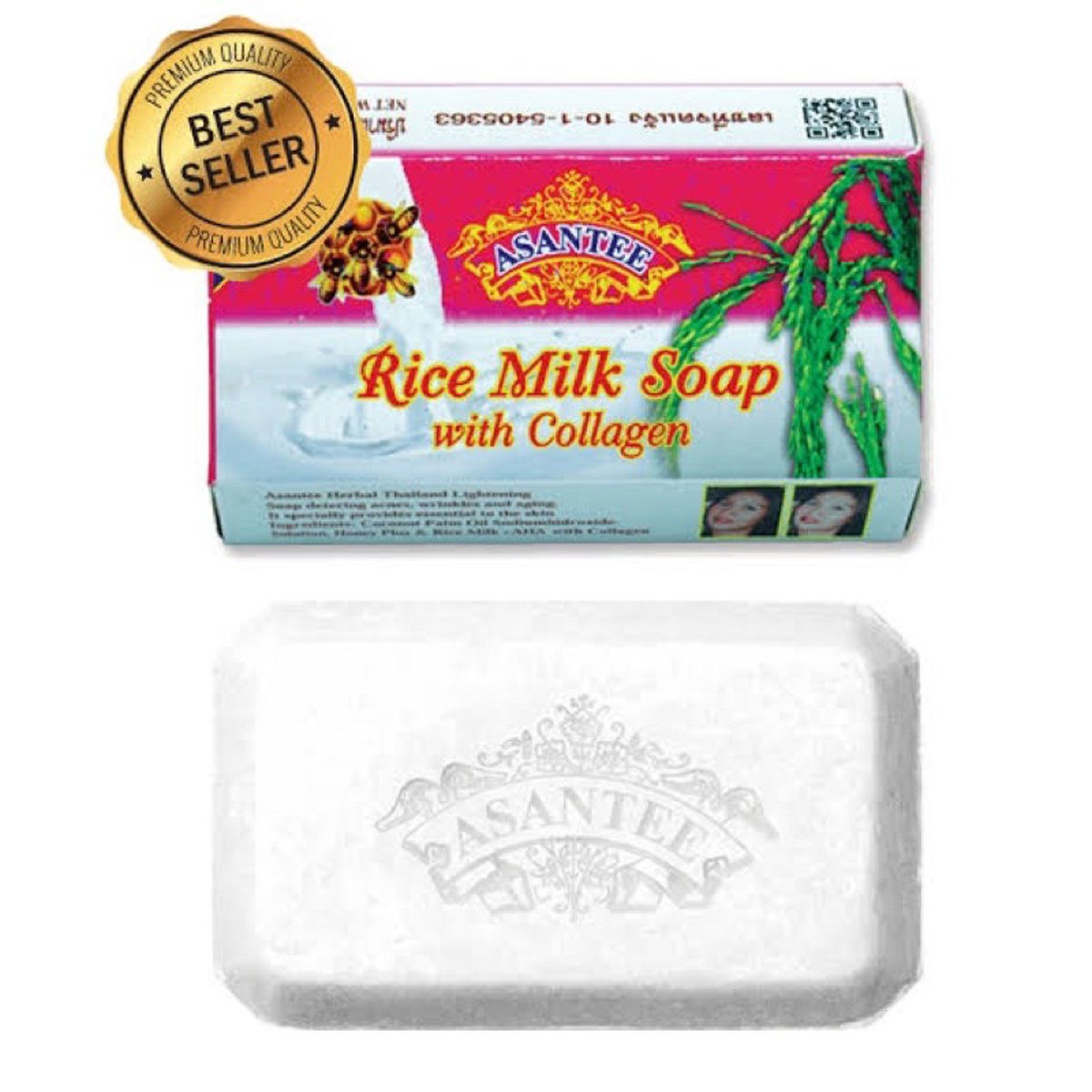 6 Stück x 125g Asantee Reis-Milch + Kollagen Kräuterseife Hautaufhellende Gesichts- und Körperseife K