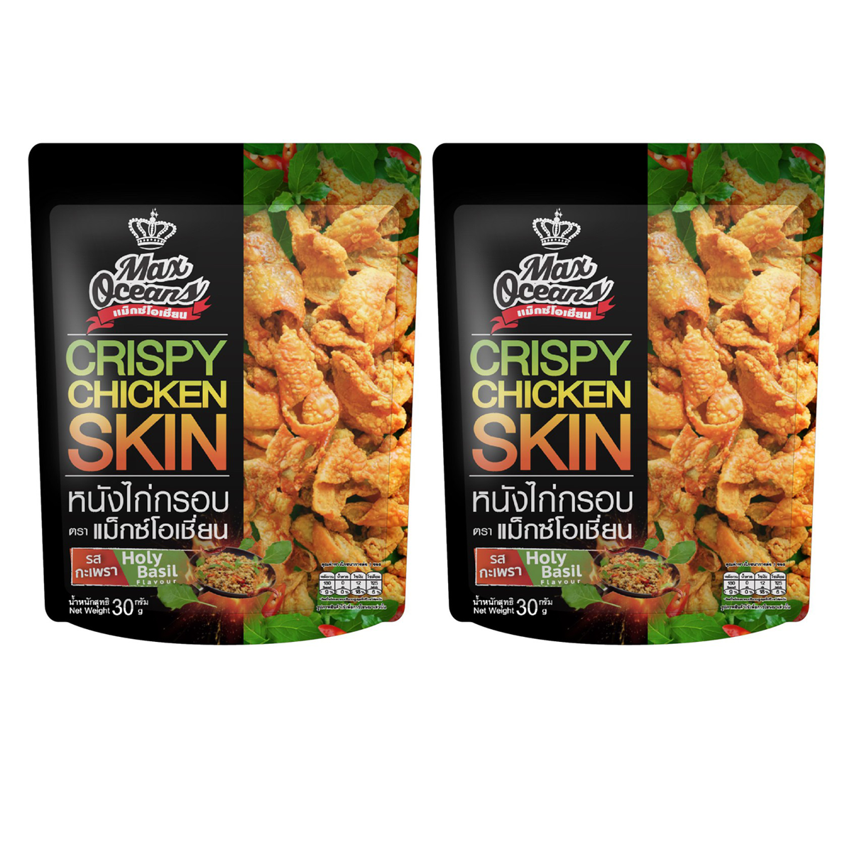 Crispy fried chicken skin snack , Holy Basil flavor, 30 grams K