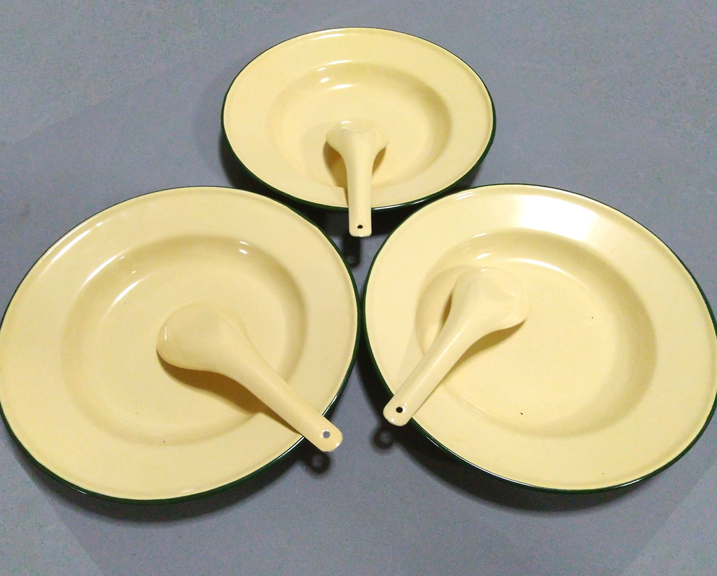6er-Set Geschirr Teller Löffel Vintage Camping runde Geschirr Emaille K