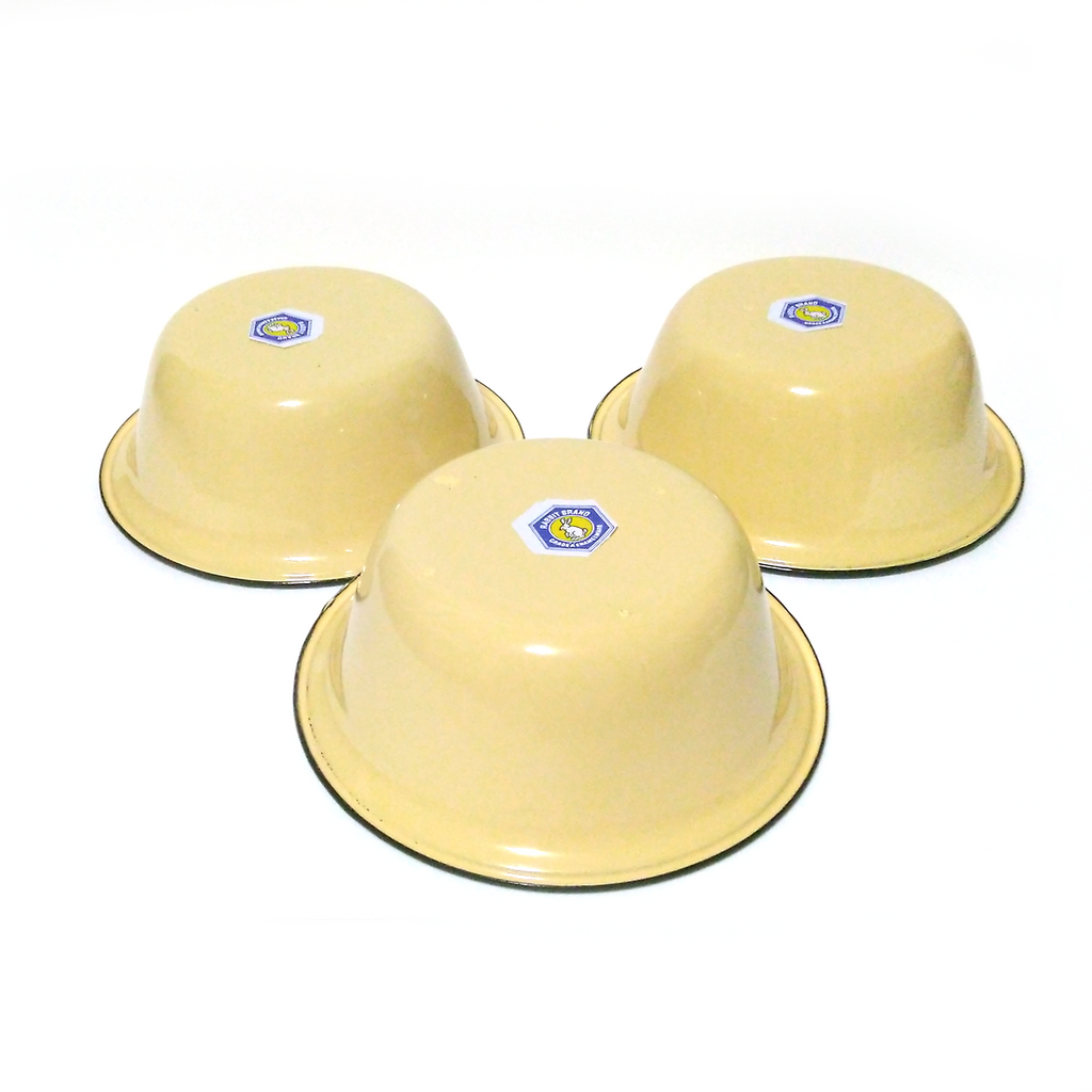 3pcs x 7 inches Yellow enamel camping round bowl vintage enamelware dinnerware K