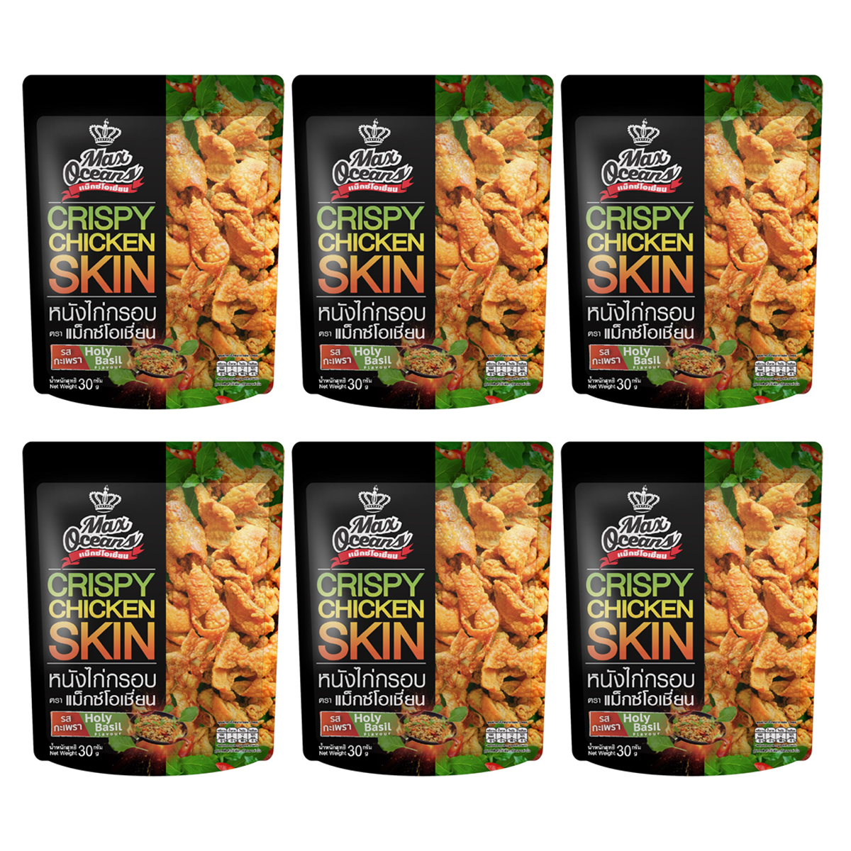 Crispy fried chicken skin snack , Holy Basil flavor, 30 grams K
