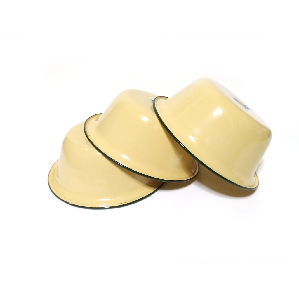 3pcs x 7 inches Yellow enamel camping round bowl vintage enamelware dinnerware K