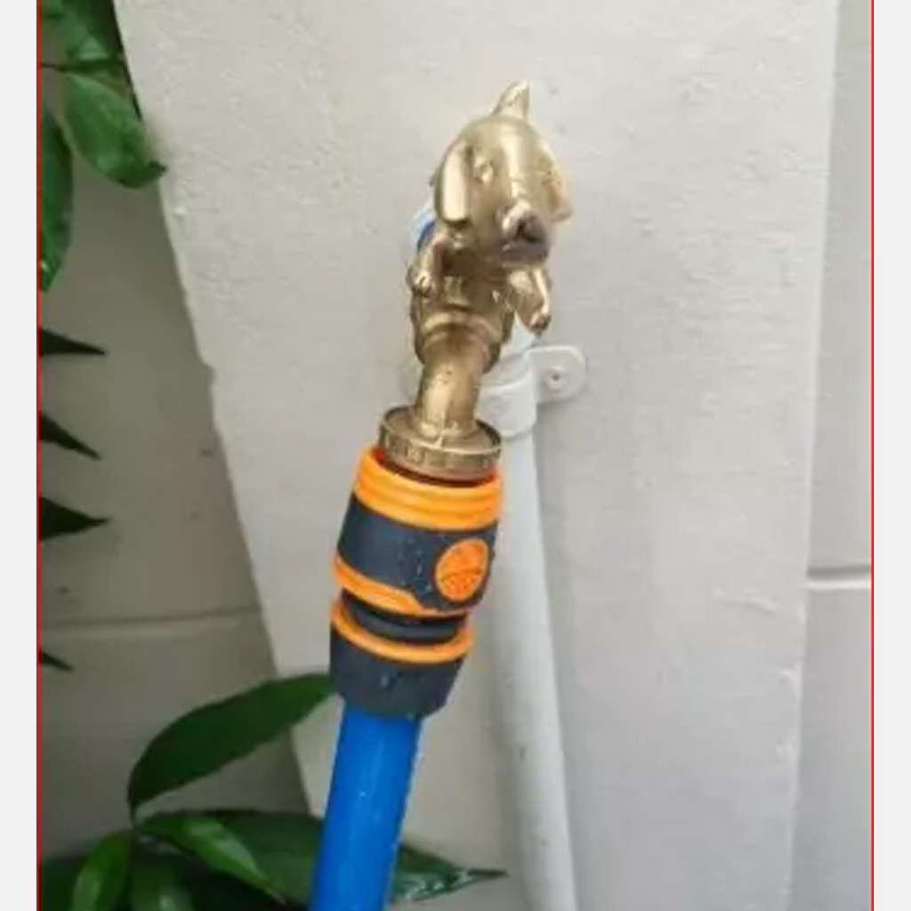 Cartoon-Hund Messing Wasserhahn – 10 cm Länge, 1/2" Gewinde | Niedlicher Gartenwasserhahn mit Schlauchanschluss | Hergestellt in Thailand