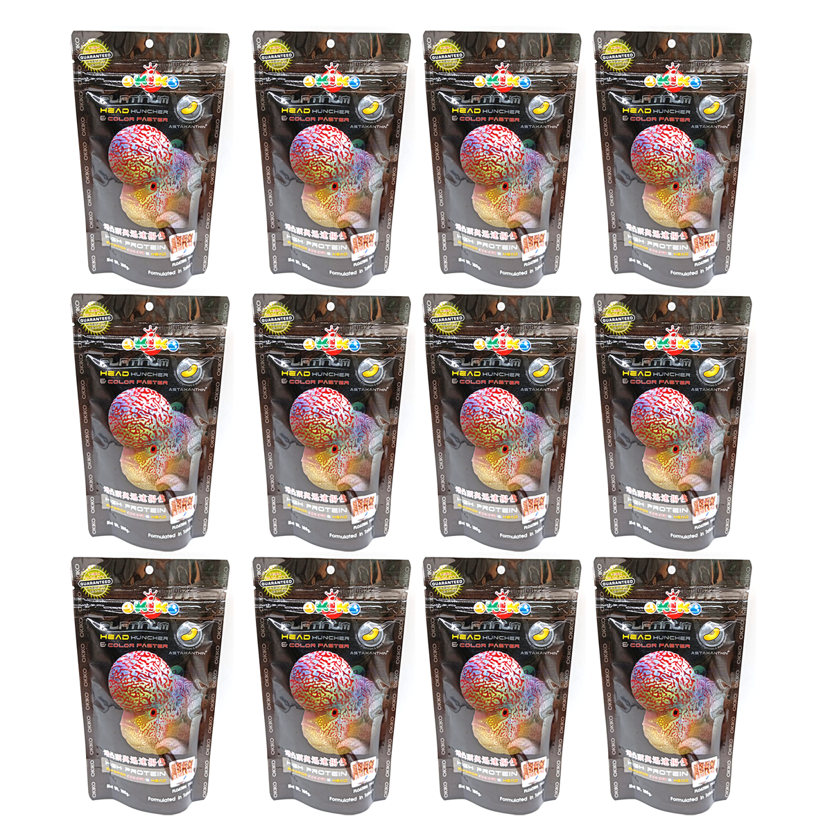 Okiko Platinum Flowerhorn Fischfutter – Kopfwachstum & schnellere Farbgebung (12er-Pack x 100g)