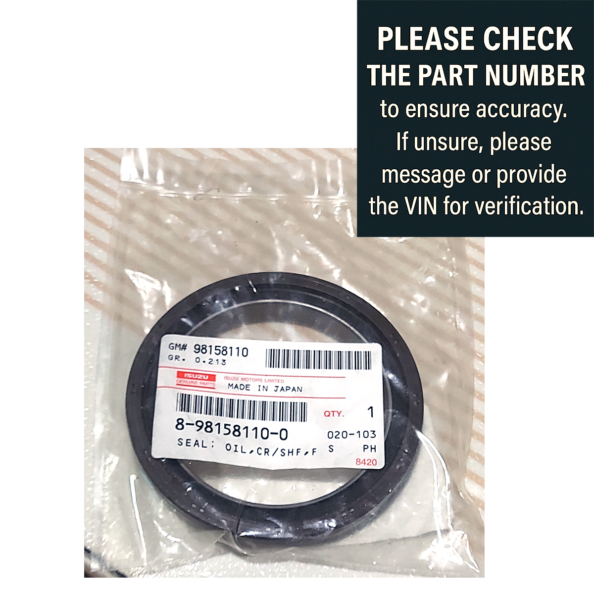 Genuine Isuzu front crankshaft oil seal with packaging label 8-98158110-0, marked Made in Japan