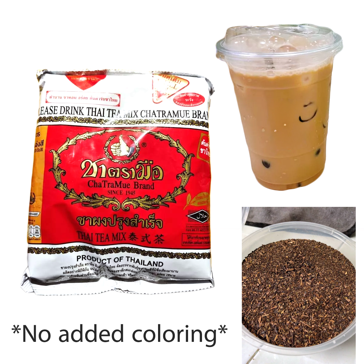 ChaTraMue Thai Tea Mix Original 400g No Added Coloring – bag, brewed tea, and loose tea leaves