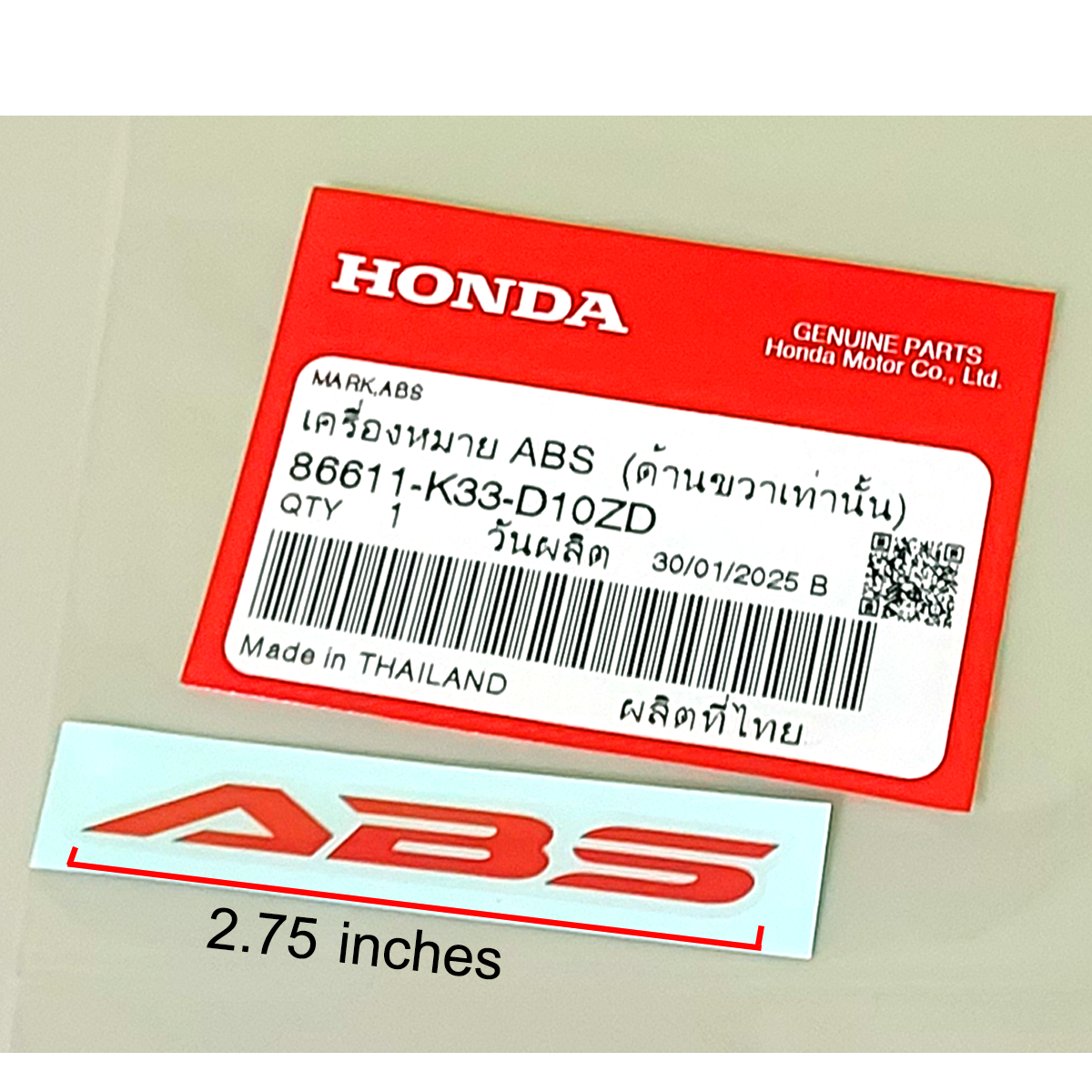 Genuine Honda ABS Mark Emblem Sticker 86611-K33-D10ZD (Right Side Only) 2.75 inches