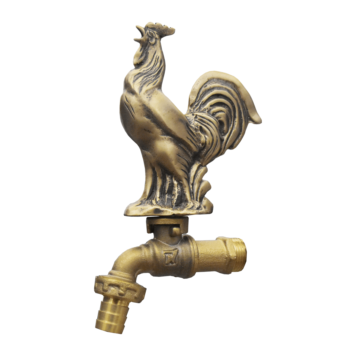 Brass Garden Faucet Tap Crowing Rooster Gold - Side view