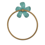 Solid brass towel ring with verdigris green plumeria flower accent, front view on white background