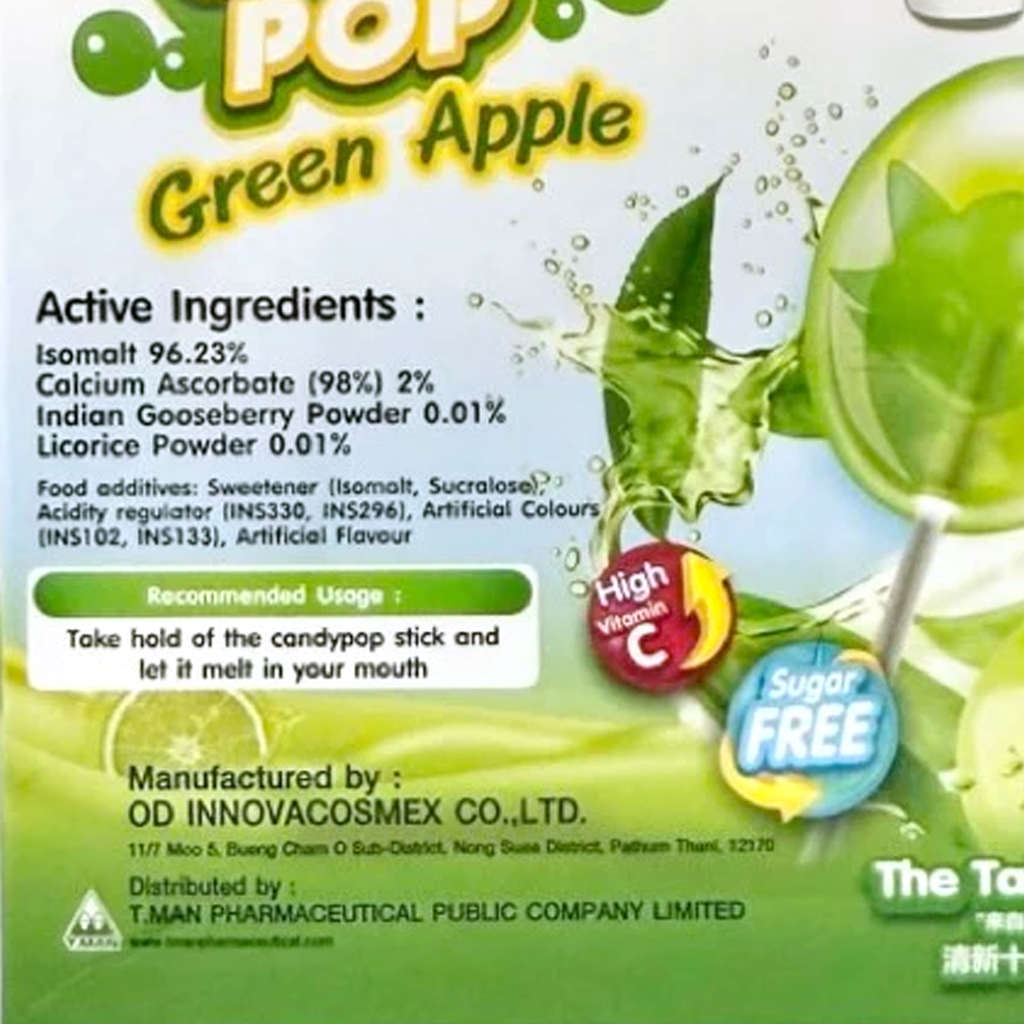 Vita-C Candy Pop Green Apple active ingredients label