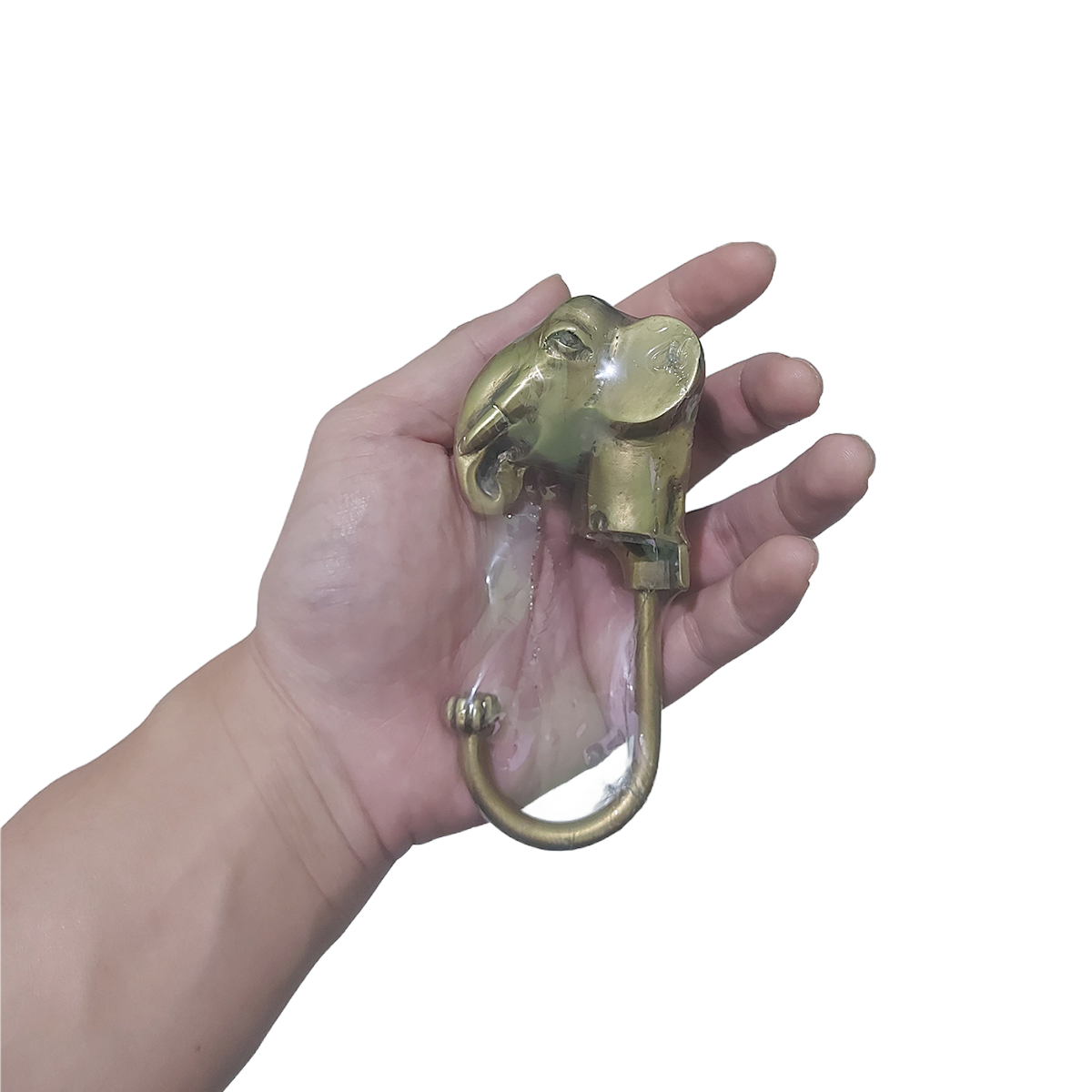 Solid brass elephant head wall hook with antique gold finish, front view