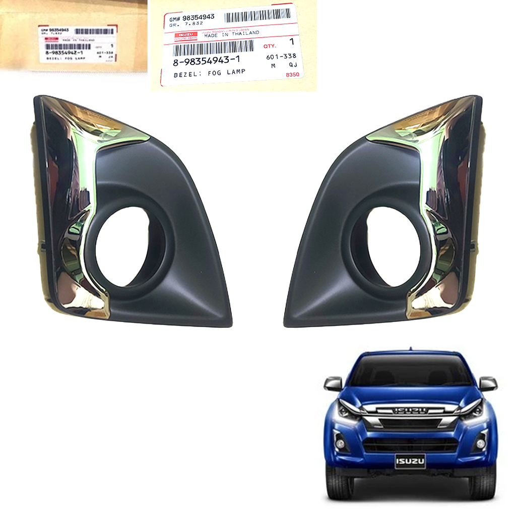 Genuine ISUZU D-Max 2018–2019 fog lamp bezels with black and chrome-look trim, part numbers 8983549421 and 8983549431
