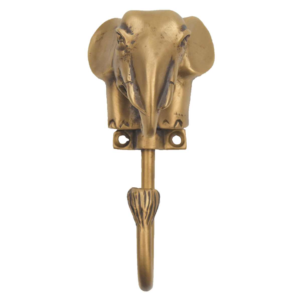 Brass elephant head wall hook held in hand showing compact size and hook detail