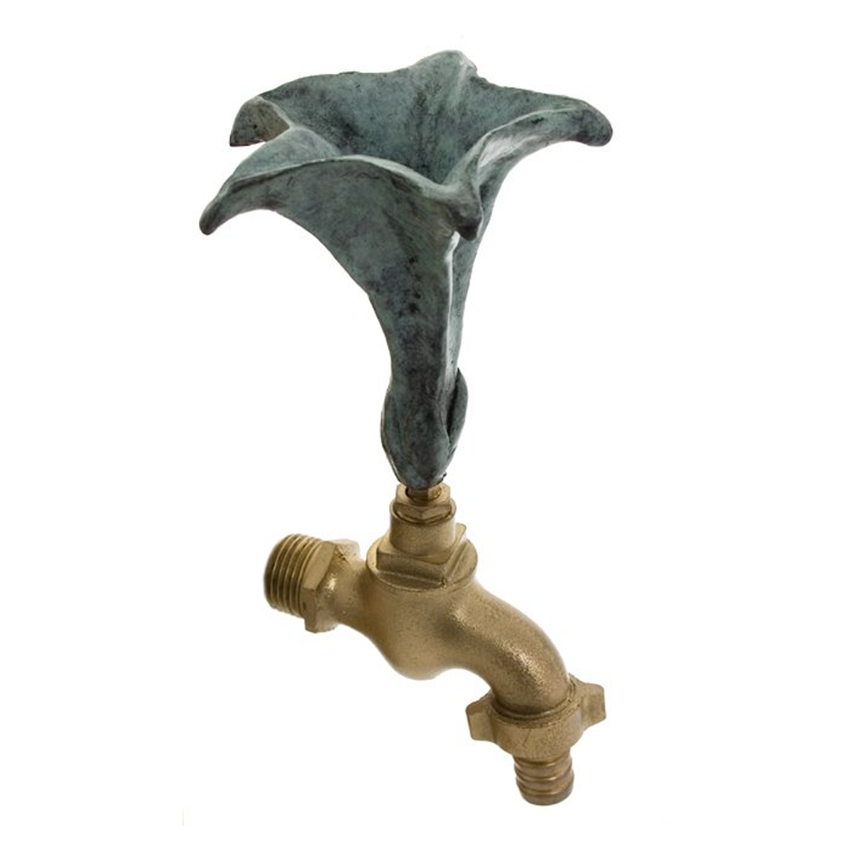 Brass Garden Faucet Tap Calla Lily Flower Green-Black - Side view with hose connector