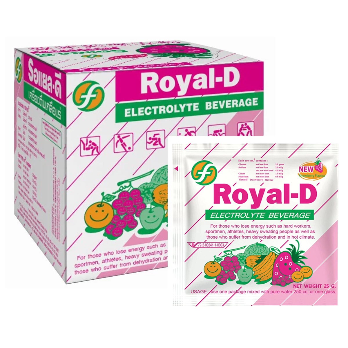 Royal-D Erdbeer-Elektrolytgetränkepulver mit Vitaminen B1, B2, B6, C & Kalzium (25g x 10 Beutel/Karton)