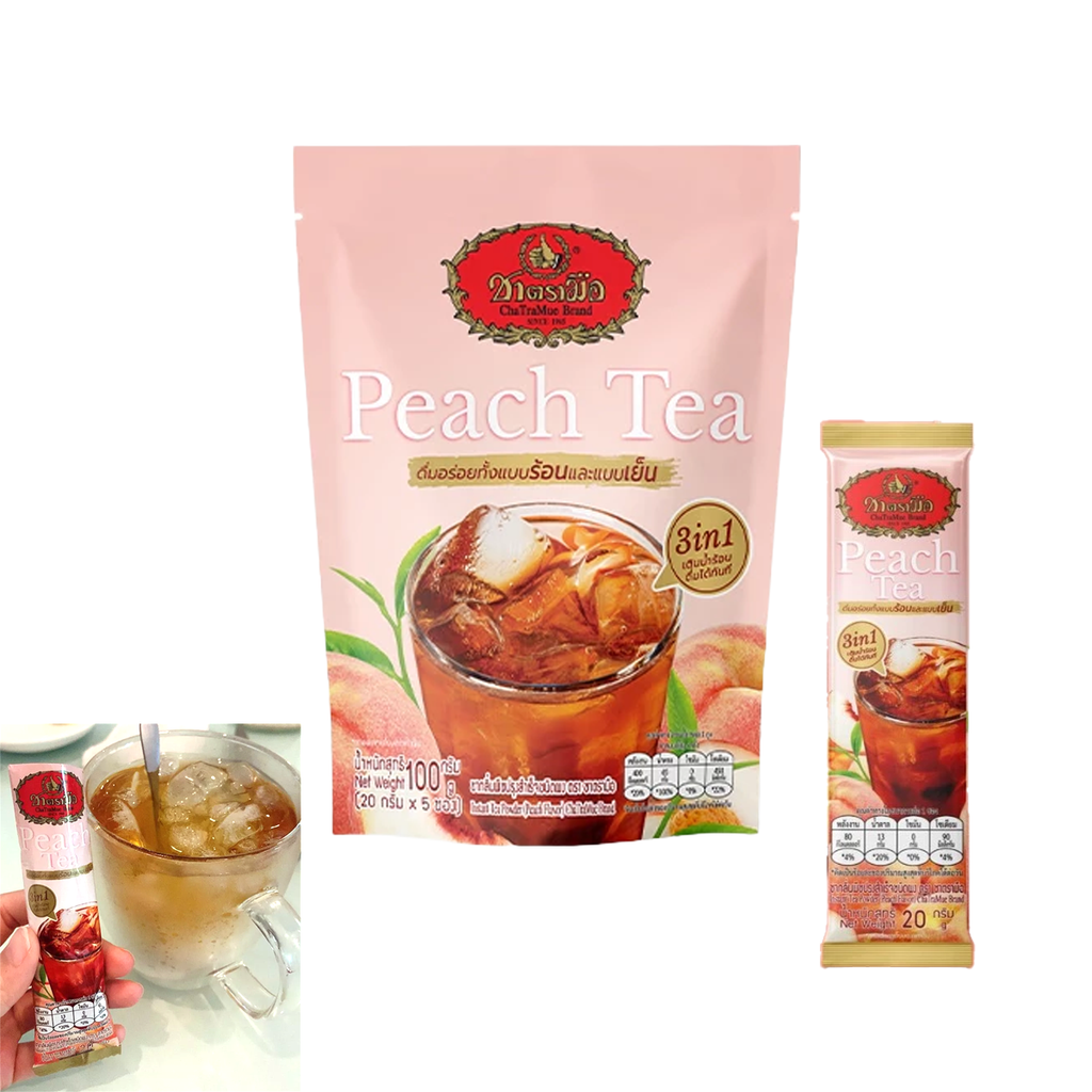 ChaTraMue Peach Tea sachet held next to a glass of iced peach tea
