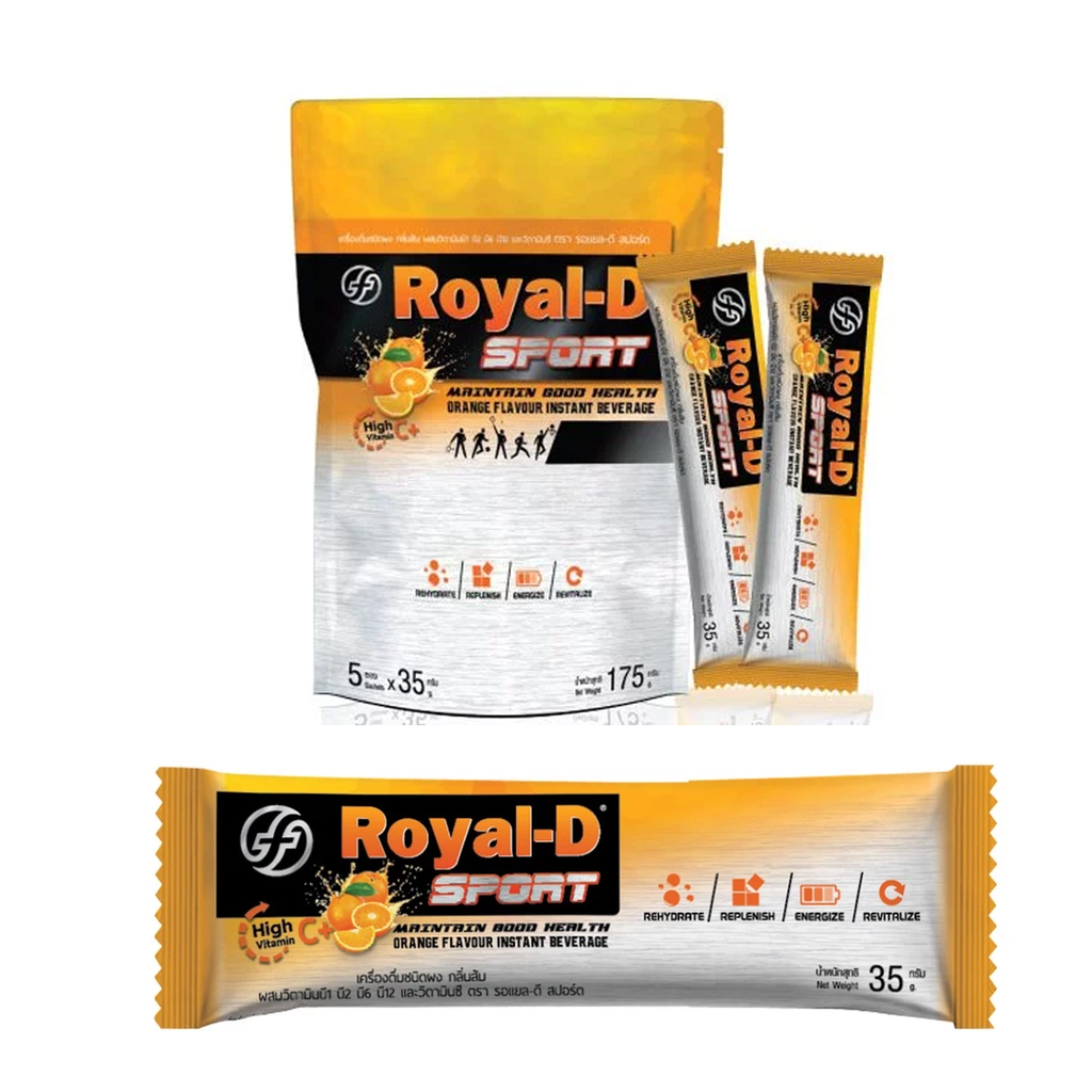 Royal-D Sport Orange Flavour Electrolyte Powder Drink with Vitamins B1, B2, B6, B12 & C (5 Sachets/Pack)