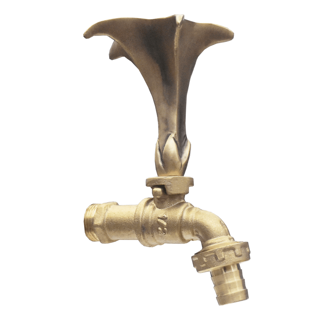Brass Garden Faucet Tap Calla Lily Flower Gold - Side view with hose connector