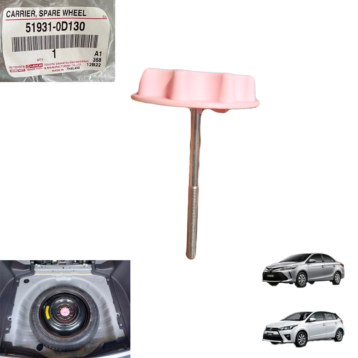 Toyota spare tire in trunk well showing the spare wheel carrier bolt in place
