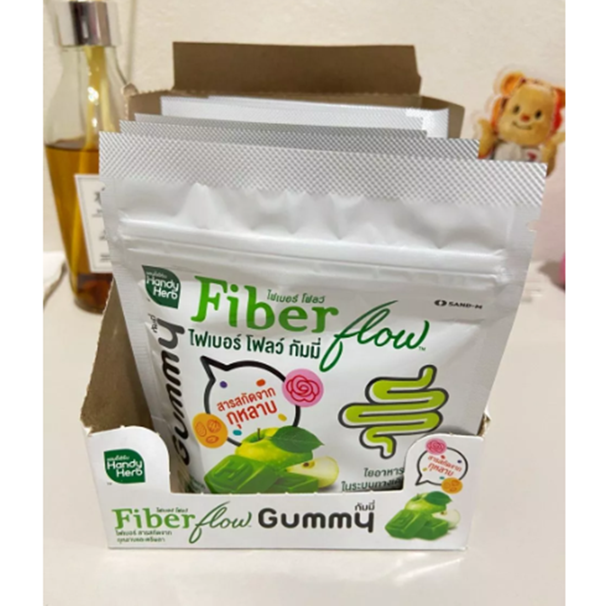 HandyHerb Fiber Flow Green Apple Smooth box with 6 sachets and 4 gummies per sachet