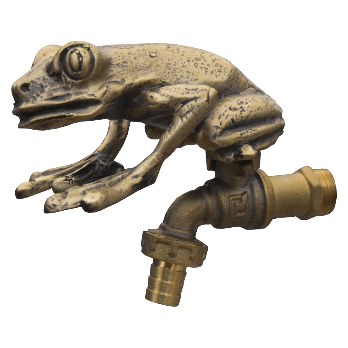 Brass Garden Faucet Tap Large Frog Gold - Side view with hose connector