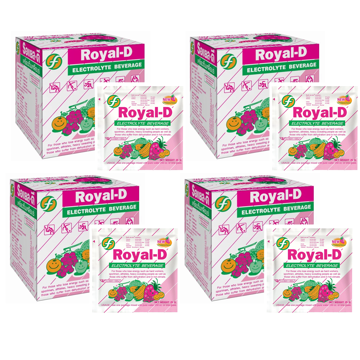 Royal-D Erdbeer-Elektrolytgetränkepulver mit Vitaminen B1, B2, B6, C & Kalzium (25g x 10 Beutel/Karton)