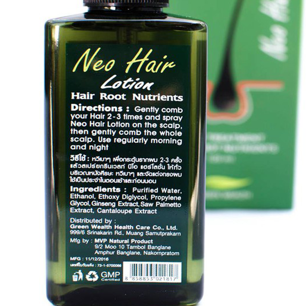 Neo Hair Lotion back label showing ingredients and directions