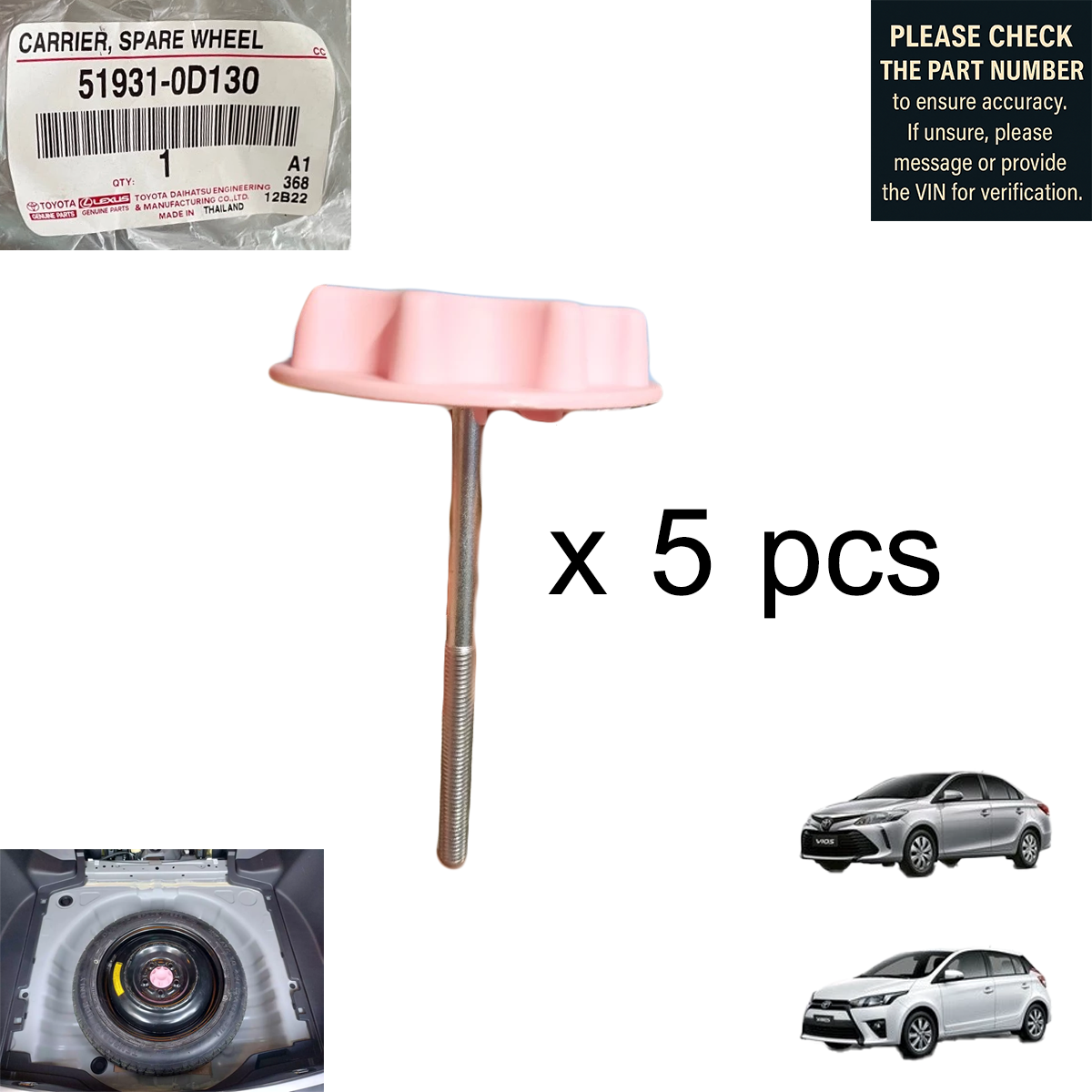 TOYOTA Genuine Spare Wheel Carrier Bolt #51931-0D130 (12.4cm) – VIOS 2014-2016 / YARIS 2013-2017 / ALTIS 2019 / ALTIS 2019 HYBRID
