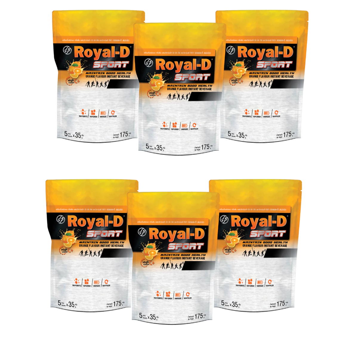 Royal-D Sport Orange Flavour Electrolyte Powder Drink with Vitamins B1, B2, B6, B12 & C (5 Sachets/Pack)