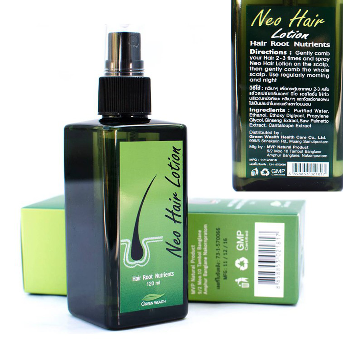 Neo Hair Lotion 120 ml bottle and box with back label inset