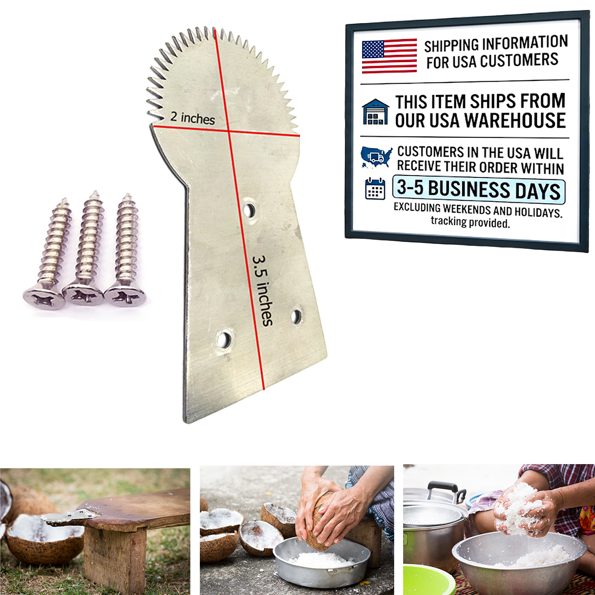 Coconut Grater Replacement Blade with Screws (2 x 3.5 inch Stainless Steel)