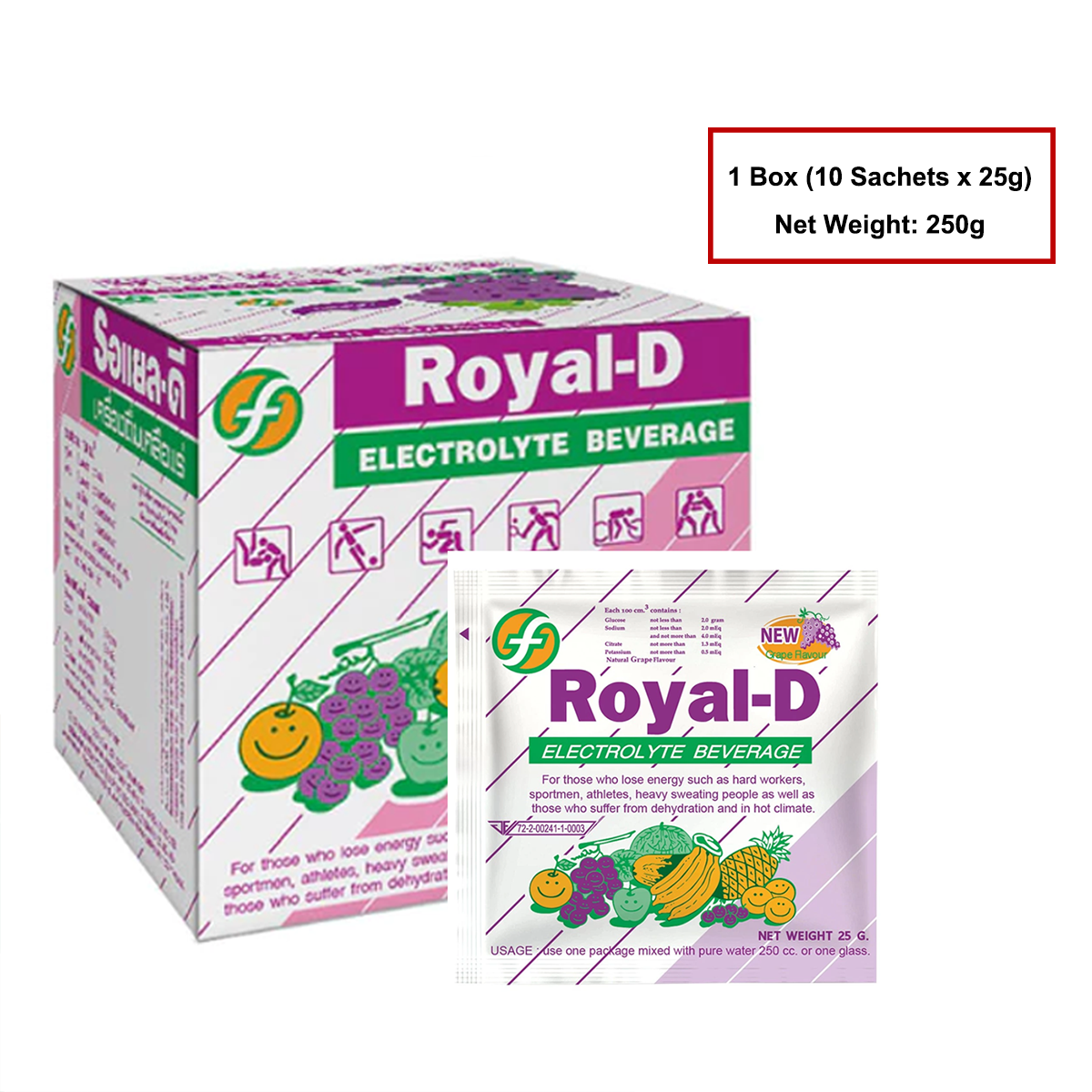 Royal-D Electrolyte Beverage, Grape Flavor, 10 Sachets/Box, Refreshing