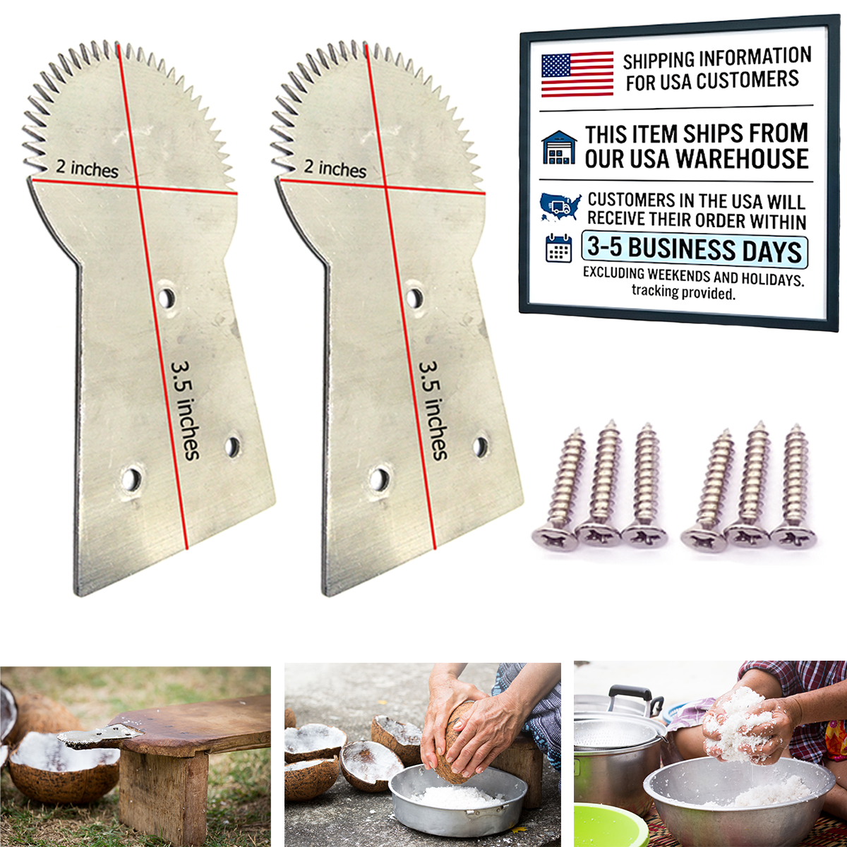 Stainless Steel Coconut Grater Replacement Blades – Set of 2 with 6 Mounting Screws